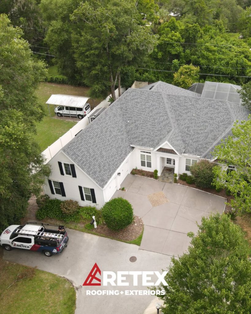 Aerial view of a completed Retex roof and exterior project