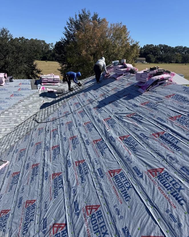 Retex-branded synthetic underlayment covering an entire roof deck before shingles go down