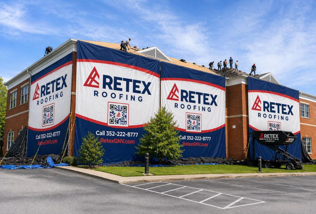 Retex Roofing banners on a multi-storey commercial building under work